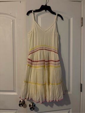 Cream Tiered Midi Sundress with Red and Yellow Trim